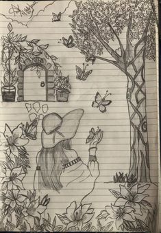 an open notebook with drawings on it and butterflies flying around the pages, including a girl holding