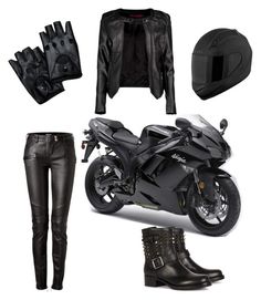 a woman in black clothes and boots is standing next to a motorcycle helmet, jacket, gloves, and booties