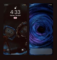 an iphone screen with the image of two people in front of a swirling blue background