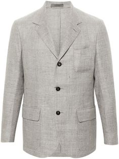 grey virgin wool blend mélange effect stand-up collar front button fastening long sleeves buttoned cuffs English rear vents chest patch pocket two front flap pockets straight hem unlined Designer Blazers For Men, Blazer Designs, Breasted Blazer, Blazers For Men, Mens Outerwear, Flap Pocket, Outerwear Jackets, Single Breasted, Patch Pocket