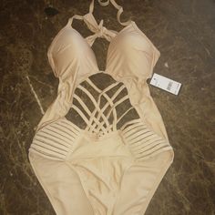 I Bought It But Never Wore It, Super Sexy On, It's A Tan Color Beige Party Swimwear, Beige Fitted Swimwear For Party, Chic Beige Swimwear For Party, Chic Beige Party Swimwear, Beige Party Swimwear For Spring, Fitted Beige Lined Swimwear, Fitted Strappy Swimwear With Cutout, 1 Piece Bathing Suit, High Neck One Piece