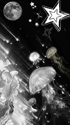 black and white photograph of jellyfish under stars