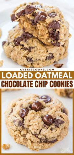 chocolate chip oatmeal cookies stacked on top of each other with text overlay