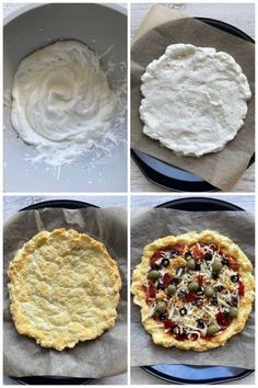 four pictures showing how to make homemade pizza crusts