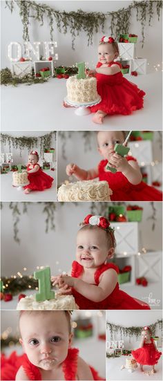 Strawberry cake smash session - green and red with greenery 1st Birthday Photoshoot Christmas, Christmas Cake Smash Girl, Christmas Smash Cake 1st Birthdays, Christmas Smash Cake, Strawberry Cake Smash, Christmas Cake Smash, Cutie Cake, Christmas Birthday Cake, Picking Strawberries