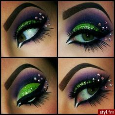 Halloween Eye Shadow Ideas, Green And Purple Witch Makeup, Halloween Witch Makeup Ideas Purple, Green Halloween Makeup Ideas, Purple And Green Eye Makeup, Green And Purple Makeup Look, Green Witch Makeup Halloween, Green And Purple Eyeshadow Looks, Beetlejuice Eye Makeup