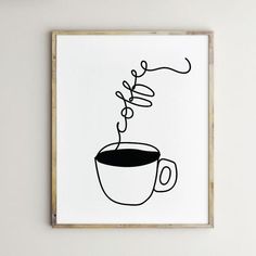 a black and white drawing of a cup of coffee with the word coffee on it