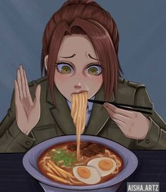 a woman eating ramen with chopsticks in front of her face