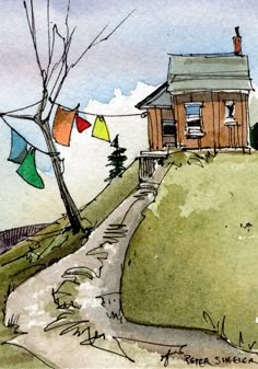 a drawing of a house on top of a hill with clothes hanging out to dry