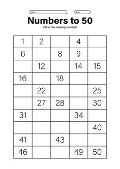 the numbers to 50 worksheet is shown in this printable activity sheet for kids