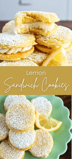 lemon sandwich cookies with powdered sugar are on a green plate next to a pile of lemons