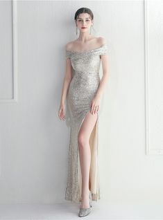 Submerge into an evening of elegance with this enchanting apricot silver mermaid silhouette dress. The sequins, reminiscent of a starlit night, beautifully adorn from the off-the-shoulder neckline to the floor-length hem. A high slit offers a graceful yet audacious flair, perfectly complemented by the zipper-up back detail. At a steal for under $100, this gown is the embodiment of affordable luxury. Sequin Evening Dress, Sequin Evening Dresses, Split Maxi Dress, Split Dress, Maxi Dress Formal, Dress Silhouette, Silver Dress, Formal Party, Prom Party Dresses