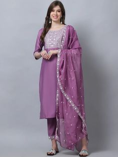 Purple Pure Silk Embroidered Straight Shape Suit Set with Chanderi Cotton Dupatta Embroidered Purple Palazzo Set With Straight Kurta, Purple Anarkali Set With Embroidered Border, Purple Kurta With Embroidered Border For Eid, Festive Purple Kurta With Embroidered Border, Festive Purple Embroidered Kurta, Semi-stitched Purple Kurta With Embroidered Border, Purple Floral Embroidery Sets For Diwali, Diwali Purple Salwar Kameez With Embroidered Border, Purple Straight Kurta Set For Diwali