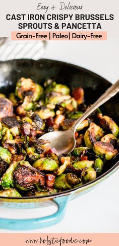 brussel sprouts and pancetta in a skillet with a spoon