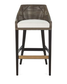 an outdoor bar stool with white cushions and black frame, on a white background the seat is upholstered in wicker