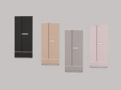 four different colored refrigerators are lined up against a gray background and one is black, the other has white