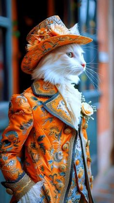 a white cat wearing an orange jacket and hat