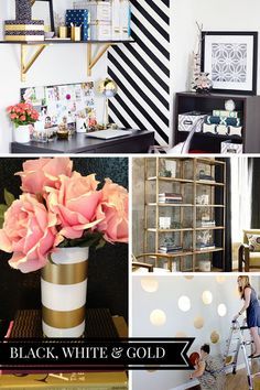 black, white and gold collage with pink roses in vases on shelving