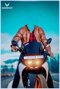 a man riding on the back of a white and orange motorcycle in front of a blue sky