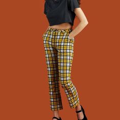 Dawson Yellow Pants from Unif From video how to prepare for coachella Emma Chamberlain Outfit, Emma Chamberlain Outfits, Sister Squad, Yellow Pants, Fall Clothes, Stunning Outfits, Plaid Pants, Brushed Cotton