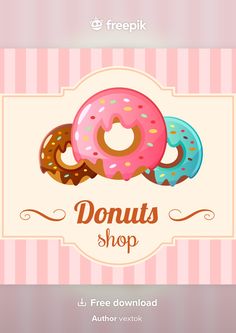 the donuts shop logo is displayed on a pink striped background