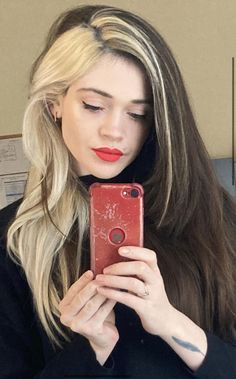 Outstanding two tone hairstyle ideas | Trendy hairstyle ideas Hair Color For Side Part, One Blonde Streak In Front Of Hair, Side Part Color Block Hair, Front Half Of Hair Dyed, Split Money Piece Hair, Color Block Brunette, Dark Hair White Streak, Subtle Alt Hair, Side Part Split Dye