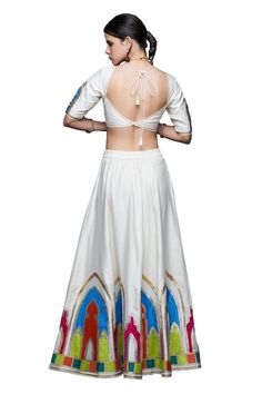 Off white cotton silk lehenga with architecture motif embroidery using gota. - Aza Fashions White Silk Lehenga With Resham Embroidery, White Silk Choli With Intricate Embroidery, Elegant White Lehenga With Motifs, White Silk Lehenga With Cutdana, Traditional Drape Cotton Lehenga, White Silk Lehenga For Designer Wear, White Traditional Wear With Motifs In Cotton Silk, White Silk Embroidered Lehenga, White Embroidered Silk Lehenga