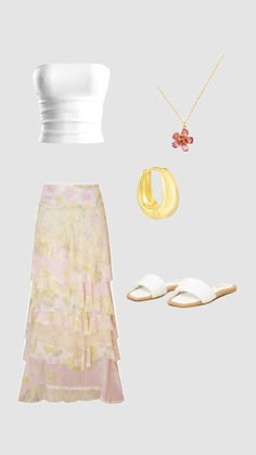 a woman's outfit and accessories including shoes, sandals, necklaces and jewelry