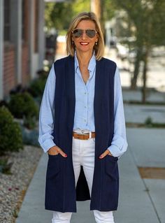 Sleeveless Jacket Outfit, Navy Sweater Outfit, Blue Vest Outfit, Sweater Vest Outfit Women, Sleeveless Blazer Vest, Vest Knitted, Lightweight Open Front Cardigan, Jacket Outfit Women, Sleeveless Blazer