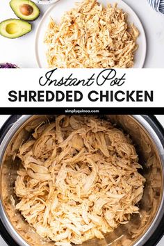 instant pot shredded chicken in an instant pressure cooker with avocado slices on the side