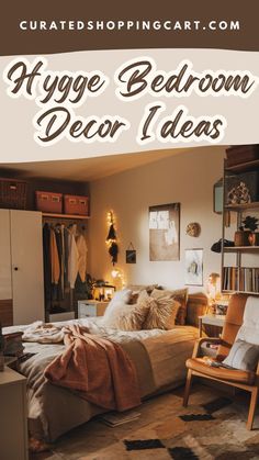 a bedroom decorated in brown and white with the words hygge bedroom decor ideas