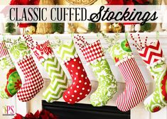 christmas stockings hanging from a mantel decorated with poinsettis