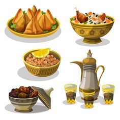 a variety of food items are shown in this set, including teapots and bowls