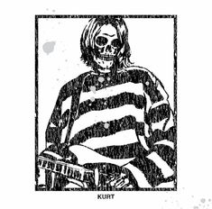 a black and white drawing of a person with a guitar in their hand, wearing a striped shirt