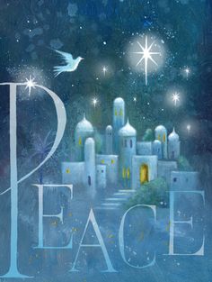 the words peace are written in front of an image of a castle and doves