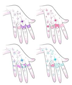 four hands with different designs on them and stars in the middle one is pink, blue, and white