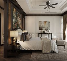 a bedroom with a large bed and ceiling fan