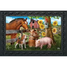 a mailbox with an image of farm animals and cats on it, along with sunflowers