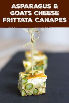 asparagus and goat's cheese frittata canapes with text overlay