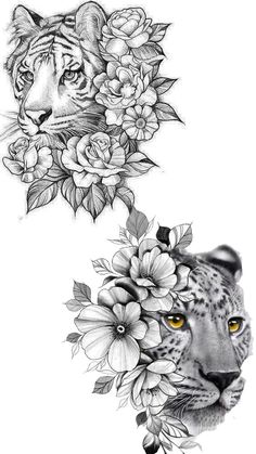 a drawing of a tiger and flowers on a white background