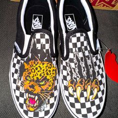 Vans Classic Slip On Youth Size 3 In Jaguar Checkerboard. Brand New, But I Don’t Have The Box Any Longer. Black Skate Shoes With Graphic Print And Round Toe, Black Skate Shoes With Graphic Print, Vans White Sneakers With Graphic Print, White Vans Sneakers With Graphic Print, Vans Classic Slip, Vans Black And White, Shoes Vans, Vans Black, Shoe Fits