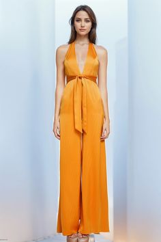 Olivia Mark - Halter Neck Straight Tube Flared Jumpsuit Orange V-neck Jumpsuit For Party, Orange V-neck Jumpsuits And Rompers For Party, Chic Orange Jumpsuits And Rompers For Party, Orange Fitted Chic Jumpsuits And Rompers, Chic Orange Fitted Jumpsuits And Rompers, Fitted Orange Jumpsuits And Rompers For Party, Elegant Fitted Orange Jumpsuits And Rompers, Orange Fitted Elegant Jumpsuit, Elegant Fitted Orange Jumpsuit