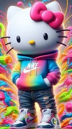 a hello kitty is standing in front of colorful objects