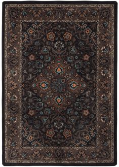 a black rug with brown and blue accents