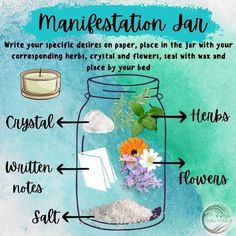 Manifest Spell Jar, Manifestation Jar Ideas, Self Healing Spells, Spell Bottles Diy, Jar Spells Witchcraft, Manifesting Spells, Witch Spell Jars, Manifestation Spell Jar