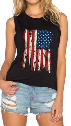 American Flag Tank Top, American Flag Stars, Black Knit Top, Fourth Of July Shirts, Patriotic Shirt, Sleeveless T Shirt, Patriotic Shirts, Sleeveless Tshirt, Trendy Tshirts