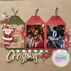 a scrapbook page with christmas tags attached to it