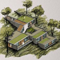 an artist's rendering of two houses with green roofing and trees in the background