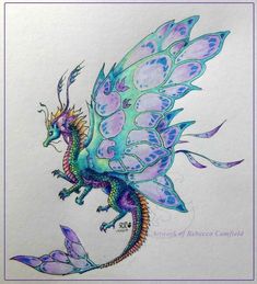 a drawing of a blue dragon with purple wings and tail, sitting on its hind legs