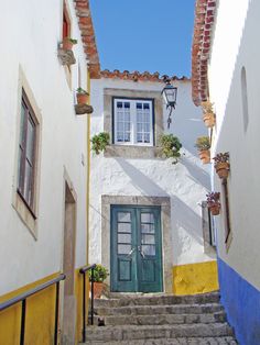 an alleyway with steps leading up to a green door